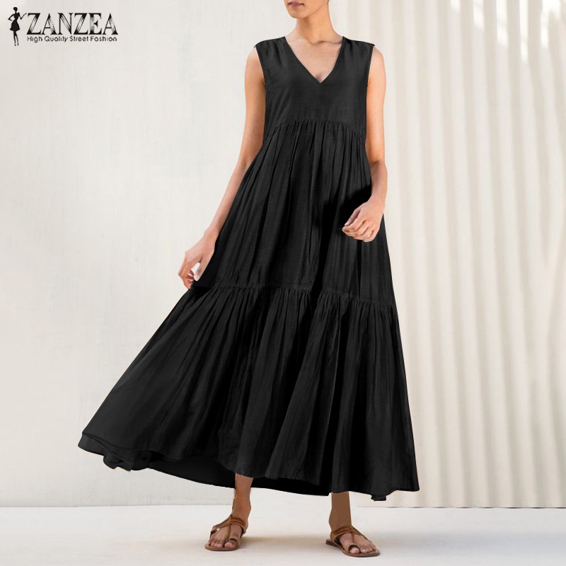 ZANZEA Đầm dài không tay màu trơn phong cách retro cho nữ | BigBuy360 - bigbuy360.vn