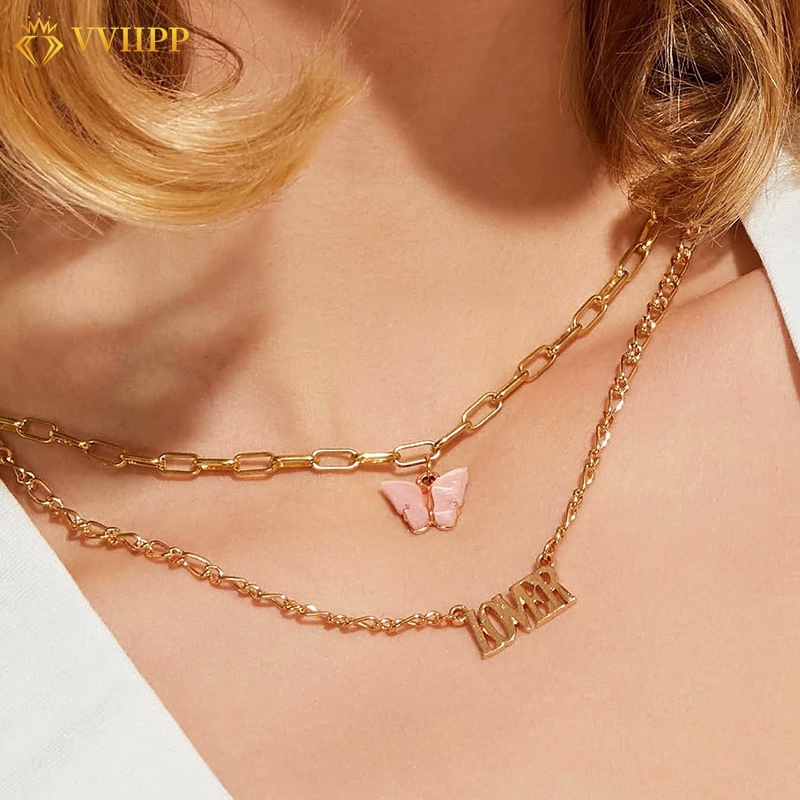 Dây chuyền choker mặt hình chữ ANGEL và hình bướm thời trang màu vàng đồng dành cho bạn nữ và bé gái