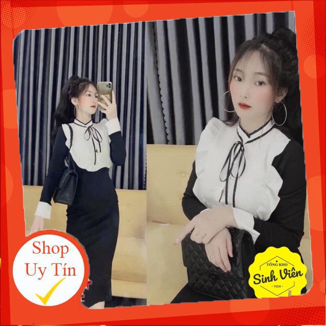 👗Đầm Body Đen Tay Dài tiểu thư👗 Ngực pha trắng phối viền bèo, Cổ thắt nơ tay dài - Váy body đen tiểu thư đẹp -Hàng nhậ
