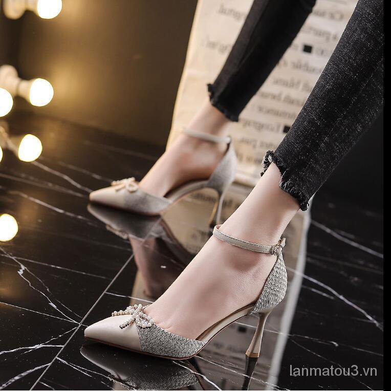 Women's Pearl Bow High Heels Chanel-Style2021Women's Evening Dress Ankle-Strap Shoes Stiletto Heel Elegant