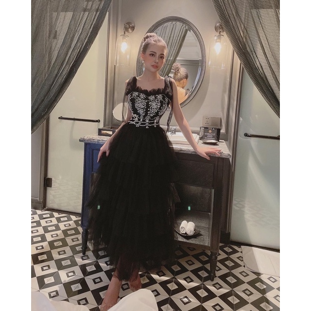 Đầm xoè xếp tầng hai dây nơ vai kết đá sang trọng TRIPBLE T DRESS - size M/L - MS350V
