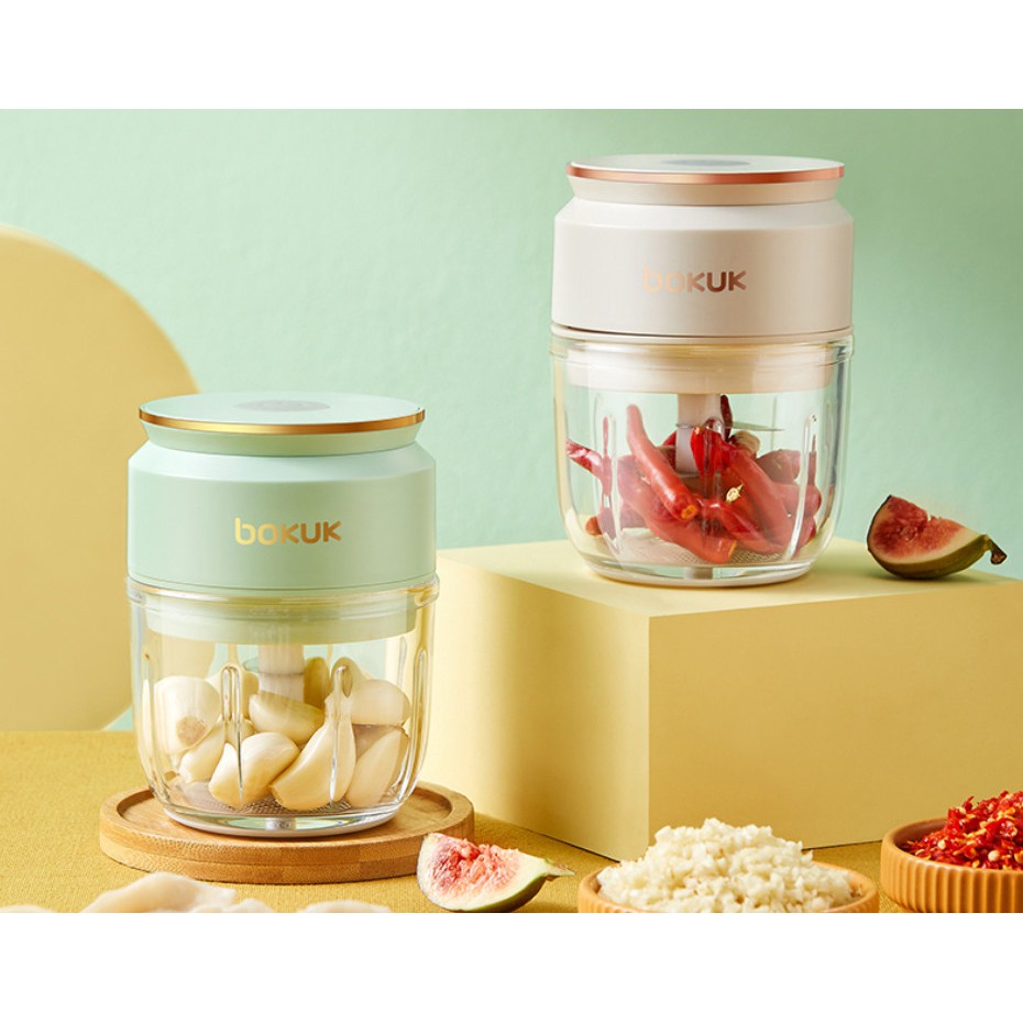 Máy xay mini sạc điện bokuk - thương hiệu Hàn Quốc, sạc pin không dây, xay thịt gia vị tỏi gừng xả các loại