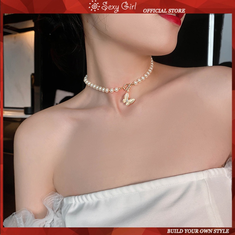 vòng cổ Mặt Bướm Đính Ngọc Trai Thời Trang Cho Nữ