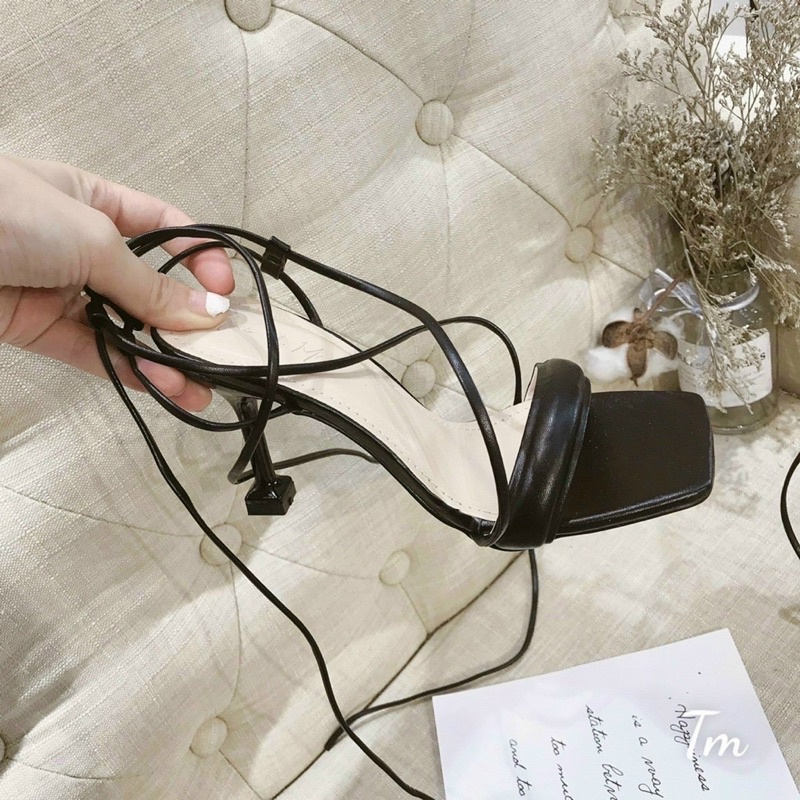 Giày Sandal Buộc Dây Guốc Nhọn Đan Mảnh Cột Cao Gót 5cm