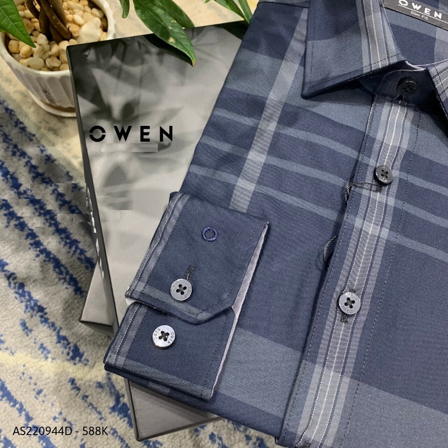 Áo Sơ Mi Nam Dài Tay OWEN AS220944D Somi Công Sở Vải Sợi Tre Cao Cấp Kẻ caro lớn ghi đen Dáng Slim Fit Tà Lượn Không Túi