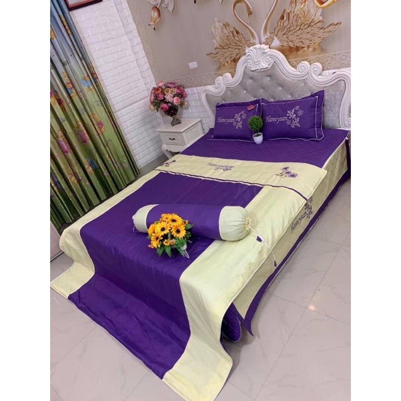 Set 7 món chăn ga gối satin trần bông satin thêu hoa cao cấp