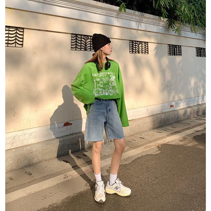 NRVP Quần short jean ống rộng phong cách Hàn Quốc thời trang dành cho nữ