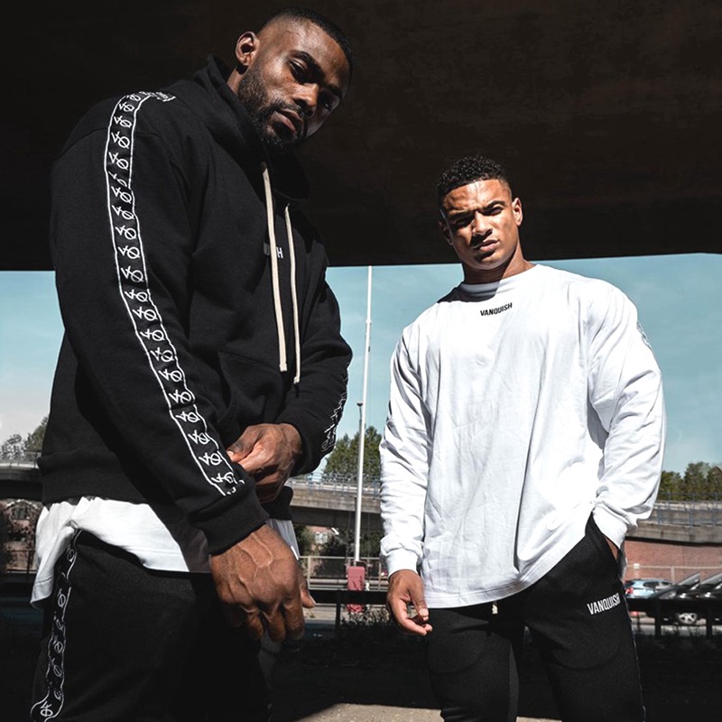 VQ Sports Hoodie Men's Cotton Striped Casual Hooded Long Sleeve Top Fitness Training Sweatshirt