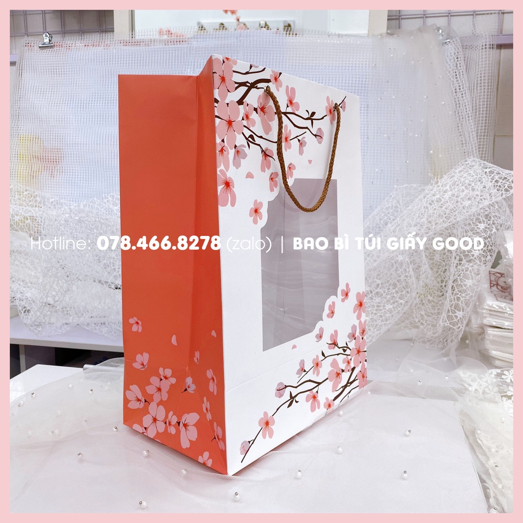 Túi giấy mặt kính trong 25x35x15cm đựng quà tặng, đựng hoa mẫu họa tiết hoa đào