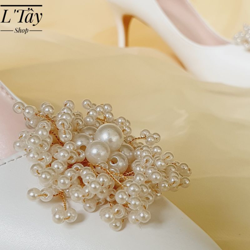 Giày Cưới-Giày Cô Dâu-Giày Cao Gót Dự Tiệc Đính Đá L'Tây -Giày Bít Mũi Đóa Trân Châu
