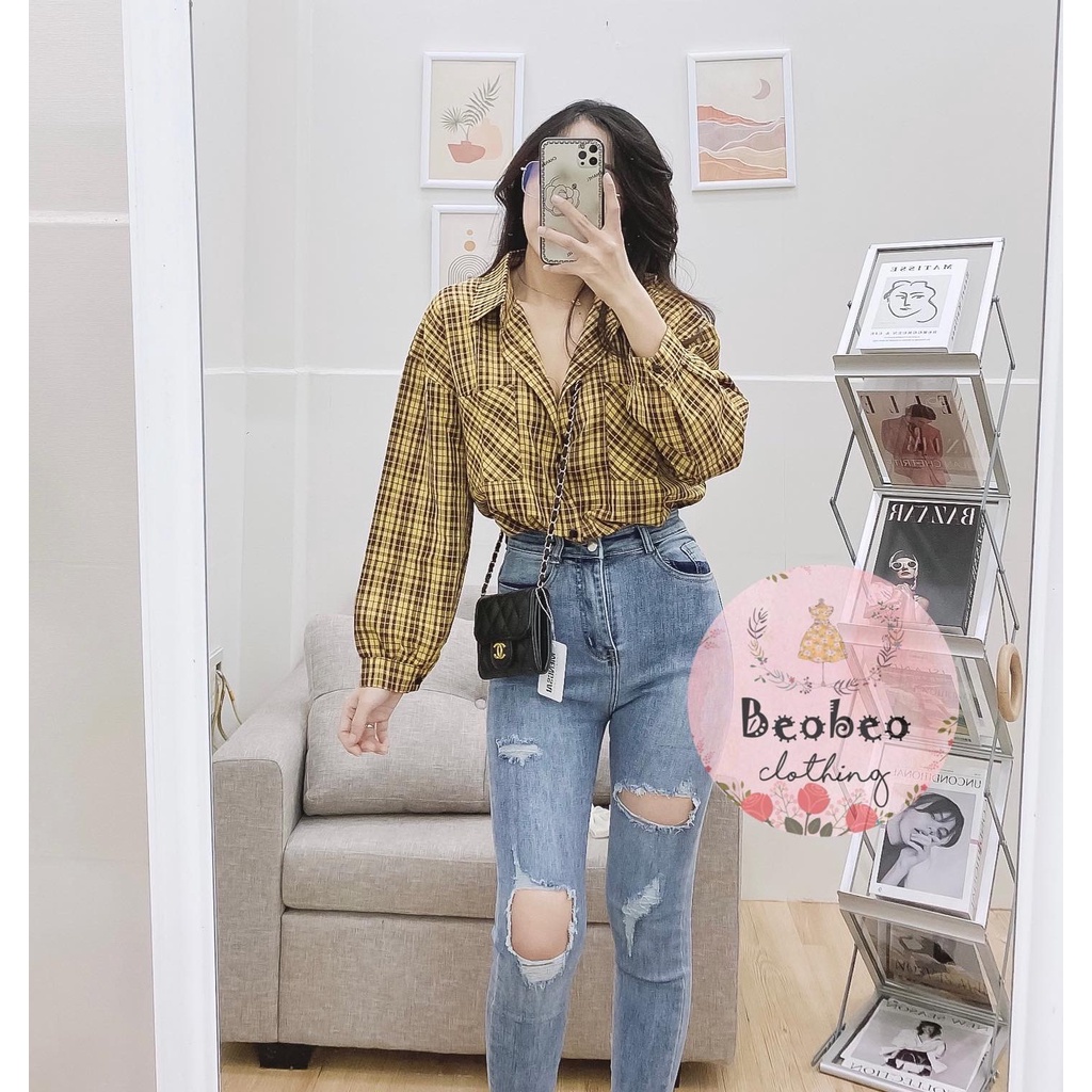 Áo sơ mi oversize sọc kẻ caro tay phồng nhiều màu ulzzang