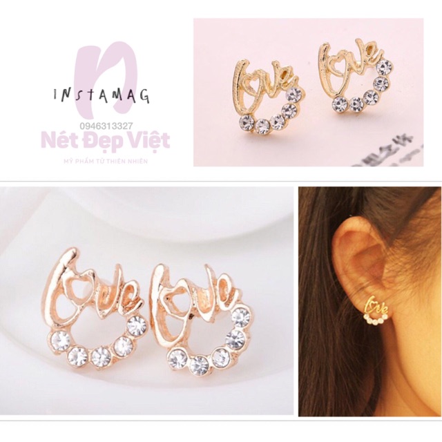 Bông Tai Hình Chữ LOVE Đính Đá Phong Cách Hàn Quốc