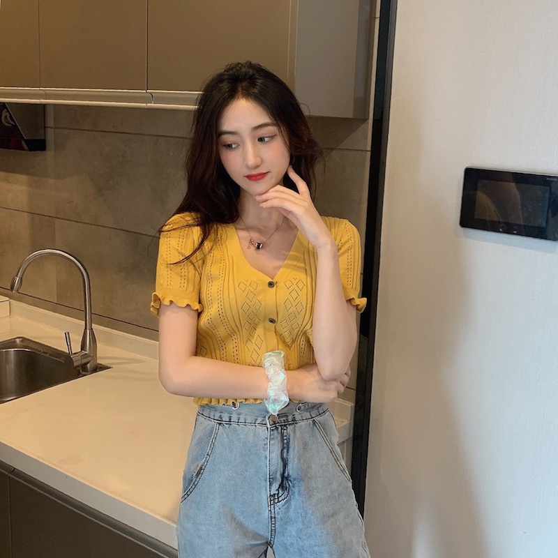 Porozi  Áo Thun Dệt Kim Mỏng Tay Ngắn Cổ Chữ V 7 Màu Thời Trang Hàn Quốc Dành Cho Nữ