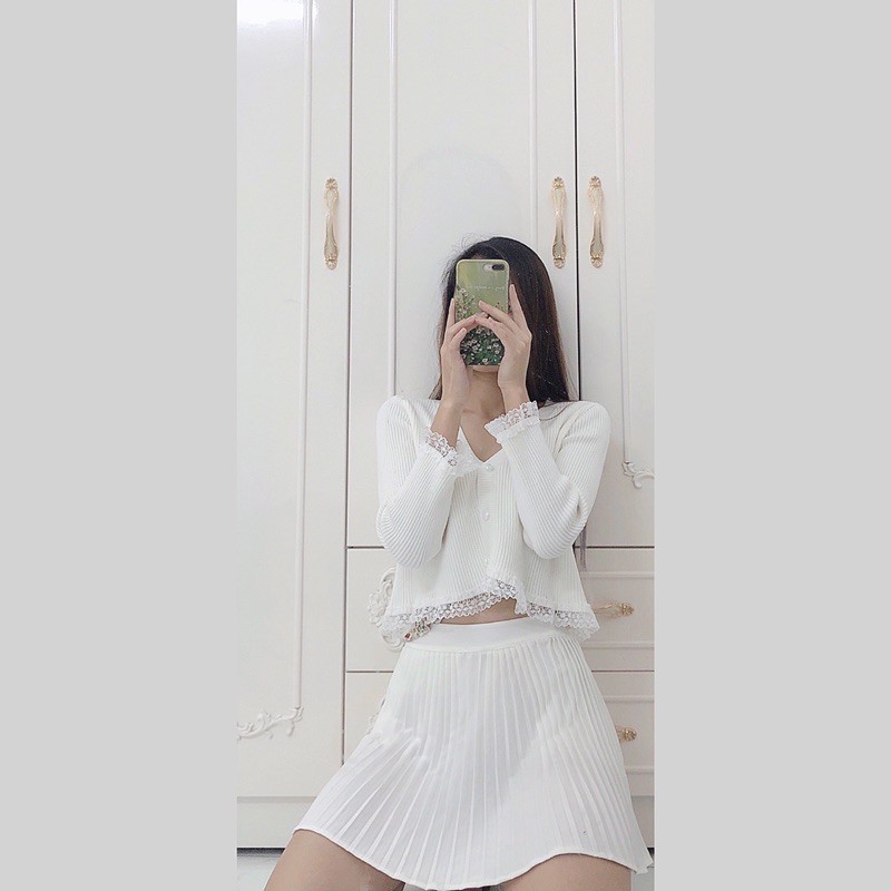 [SẴN] Áo khoác len pha ren trắng