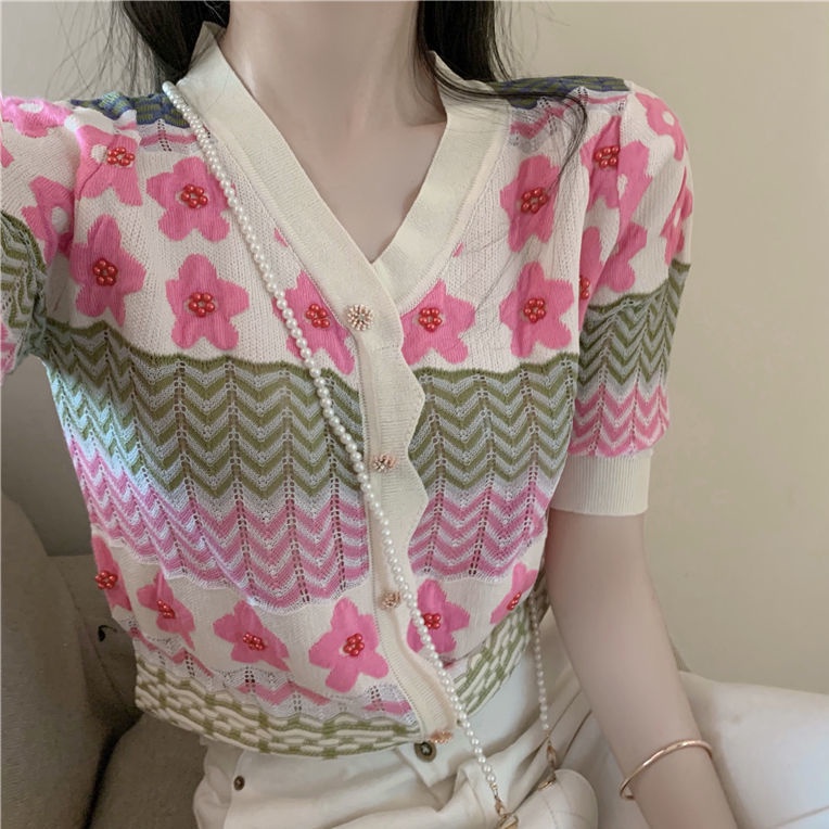 Áo Dệt Kim Tay Ngắn Cổ Chữ v Thiết Kế Đục Lỗ Thời Trang Cho Nữ  tao bao