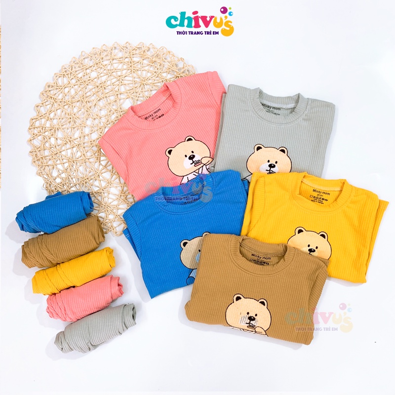 Bộ dài tay cho bé minkey mom áo len tăm dài tay cho bé trai bé gái in hình gấu ngộ nghĩnh đáng yêu