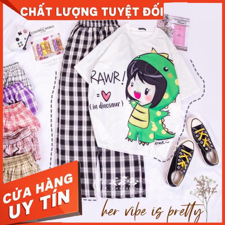 HÀNG CAO CẤP -  Đồ bộ nữ quần caro kate ống rộng Donald phối áo thun nữ form rộng tay lỡ Freesize Molly Fashion (nhiều m