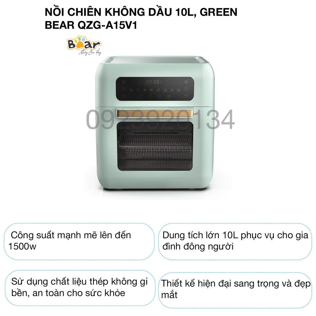 [Mã ELHADEV giảm 4% đơn 300K] Nồi chiên không dầu 10l, green Bear QZG-A15V1