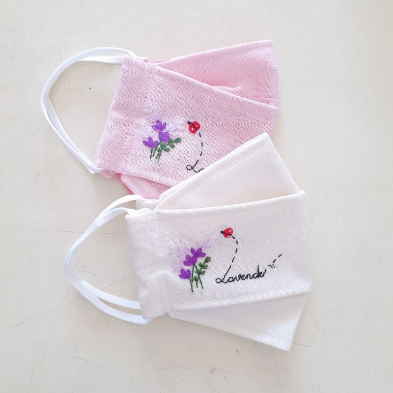 Khẩu trang 3D vải Linen lót Muslin thêu hoa Lavender