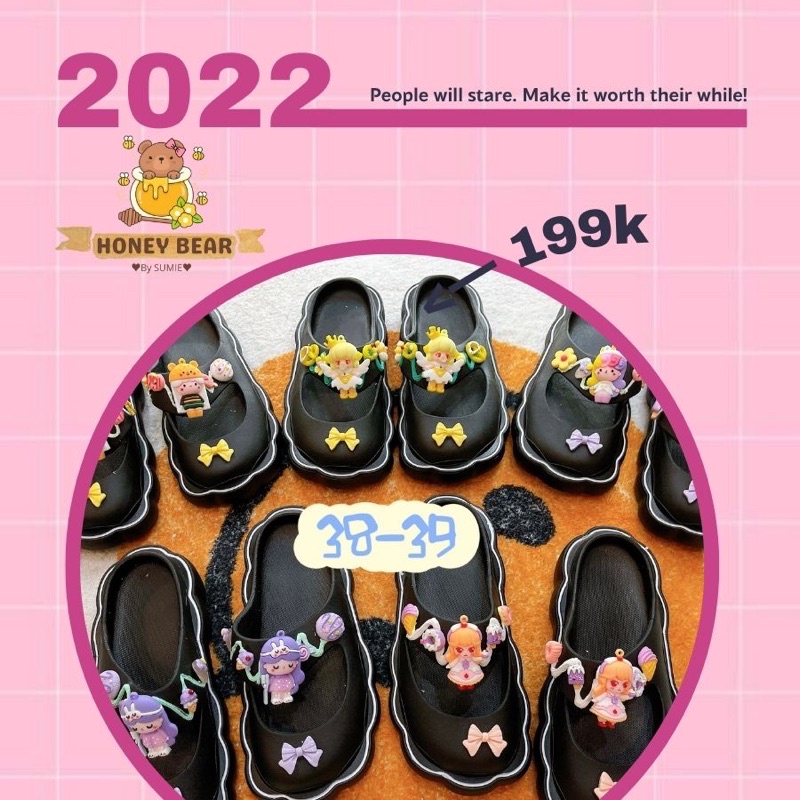 SIZE 38-39 MÀU ĐEN - DÉP ĐẾ BÁNH MÌ QUAI NGANG GẮN BÚP BÊ