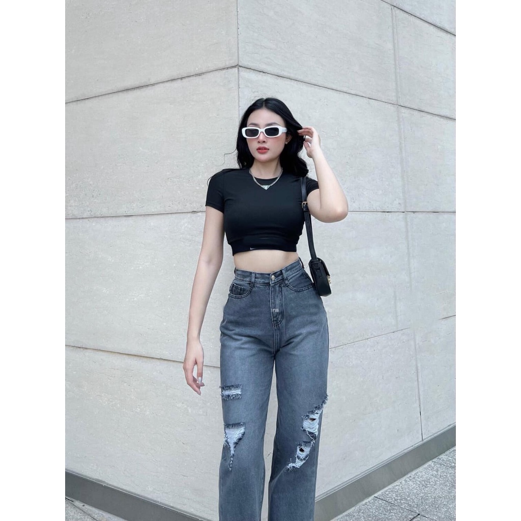 [ RẠNG ĐÔNG ] QUẦN JEANS ỐNG RỘNG NỮ LƯNG CAO RÁCH MẢNG NÚI 2 ĐÙI MÀU XÁM LAI CUỐN MỀM MỊN SIÊU PHONG CÁCH HOT HIT NITI