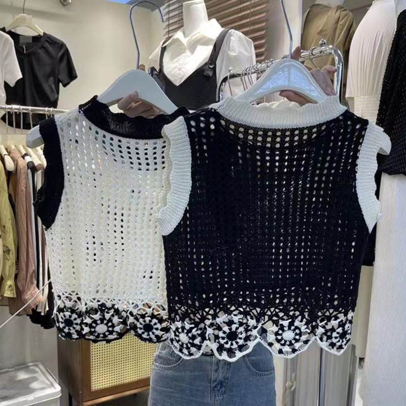 Áo Len Không Tay Cổ Tròn Dáng Rộng Họa Tiết Hoa Màu Sắc Tương Phản Thời Trang Cho Nữ