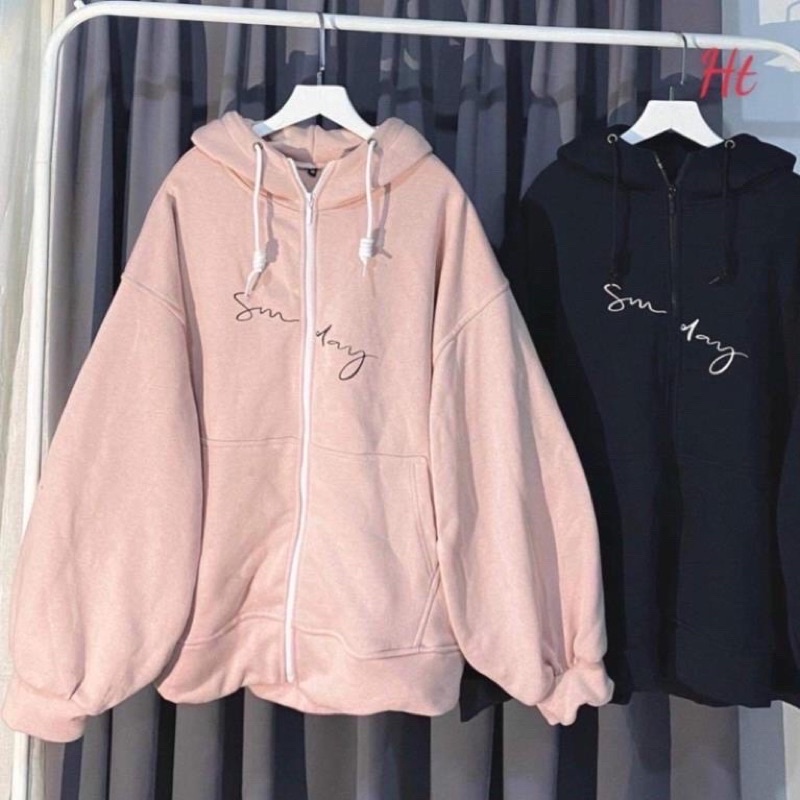 Áo khoác hoodie dây kéo Dufy; Sun day UlzzangHodie nữ form rộng dài vải nỉ cotton giá rẻ không xù lông áo thu đông