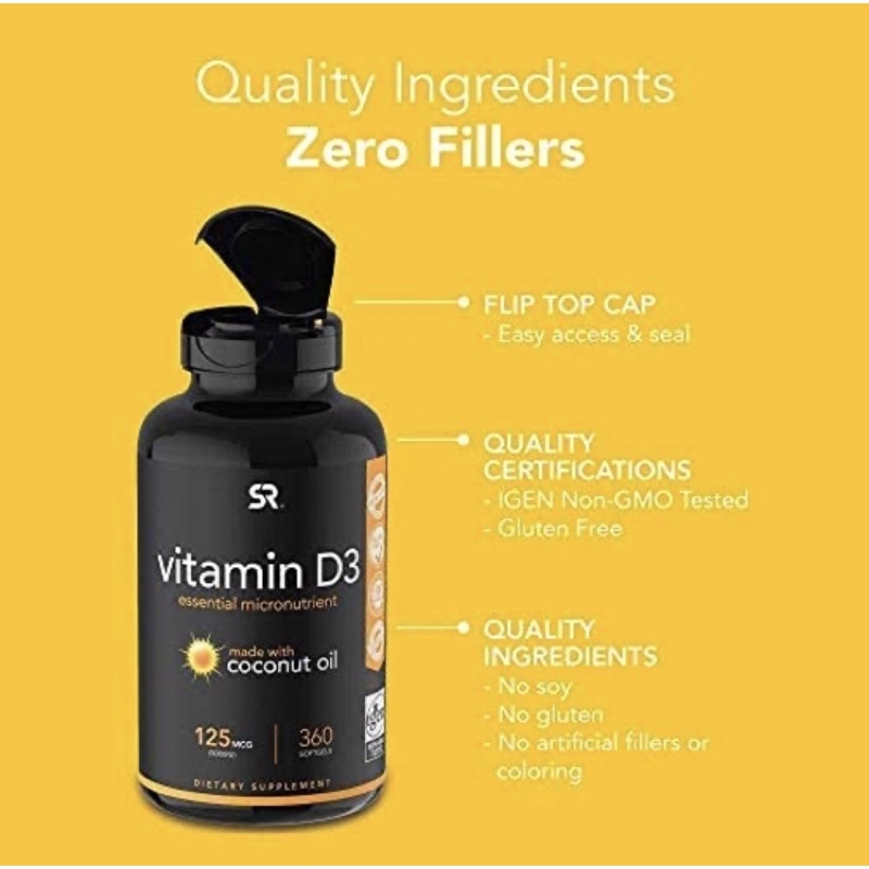 Vitamin D3 không biến đổi gen- hỗ trợ đề kháng và xương Sports Research Max Potency Vitamin D3- 5,000iu 360 viên USA
