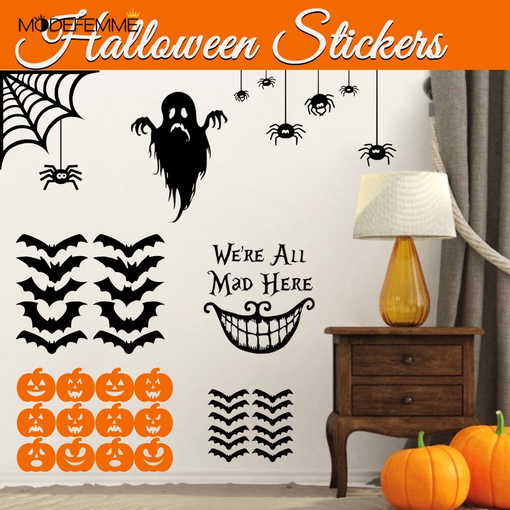 [Sản Phẩm Halloween] Sticker Dán Tường / Cửa Sổ Trang Trí Halloween Kinh Dị Ma Dơi Bí Ngô Boo! Phụ Kiện Trang Trí Tiệc Ngày Lễ We 'Re All Mad Here