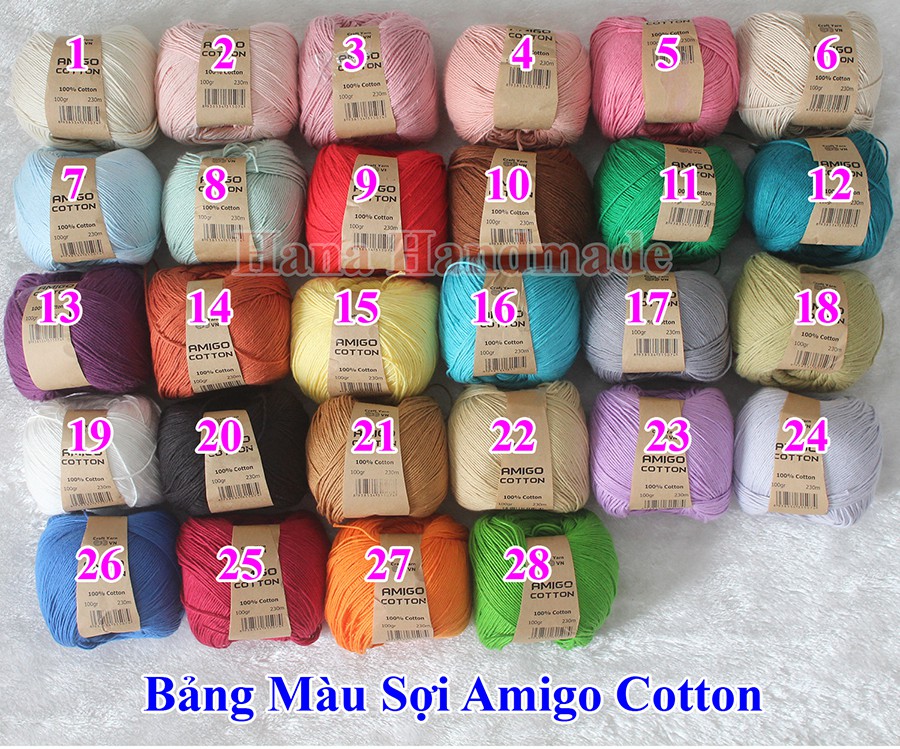 Sợi Amigo 100% cotton 30k/c 100g (bảng chọn màu 2)