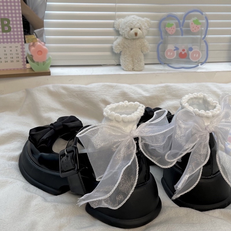 Giày lolita nữ độn đế cao gắn nơ đen,Giày da ulzzang nữ phong cách Hàn Quốc LT76