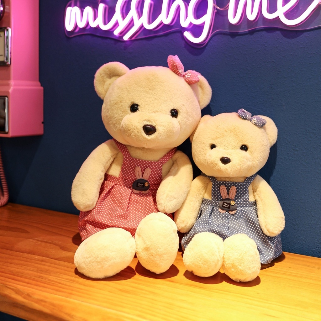 Gấu Bông Teddy Yếm Chấm Bi 2 Màu Xanh - Hồng Cao Cấp Gấu Bông City