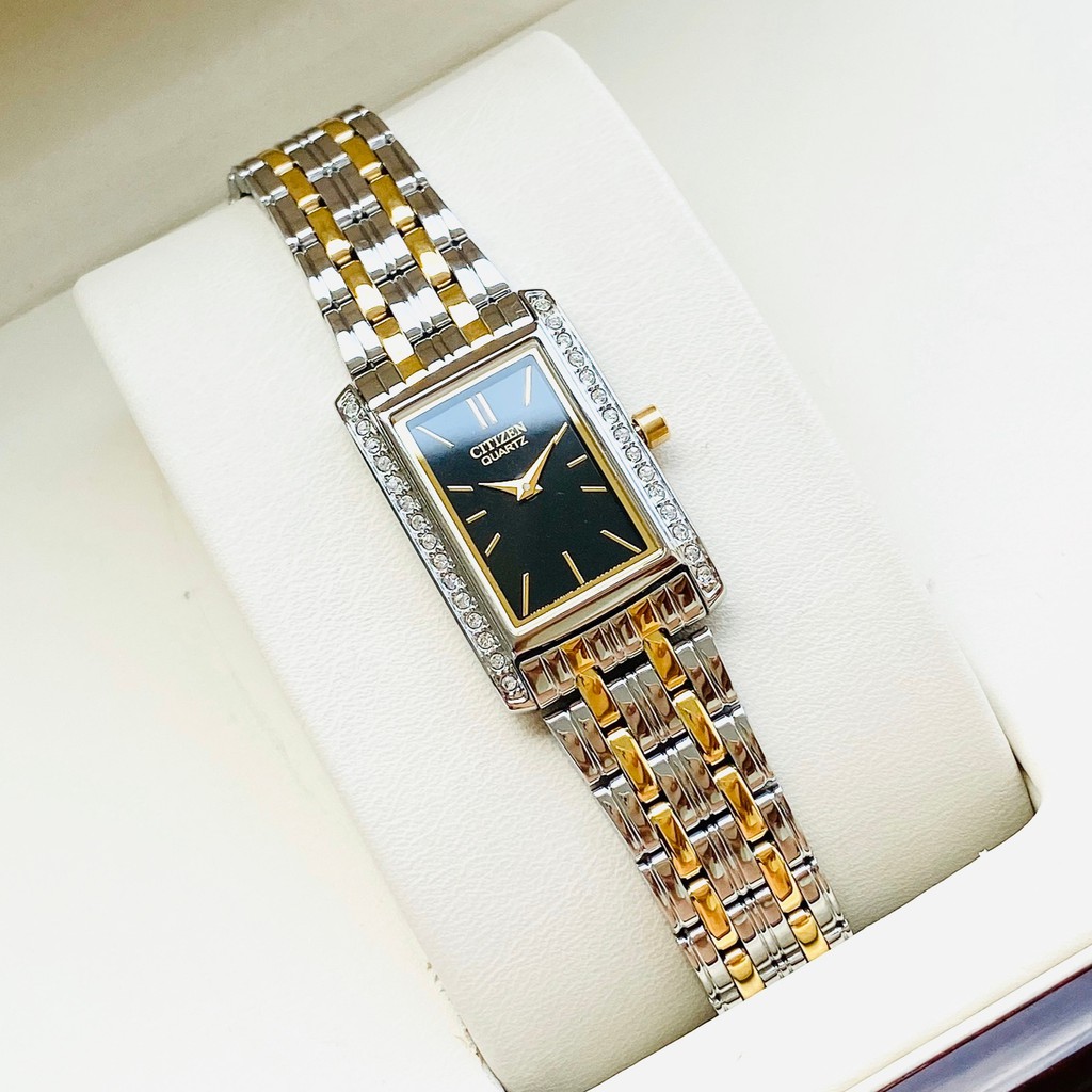 Đồng hồ Nữ chính hãng Citizen EK1120-55L Demi vàng,Mặt đen vuông-Máy Pin Quartz-Dây kim loại cao cấp-Size 28x18mm