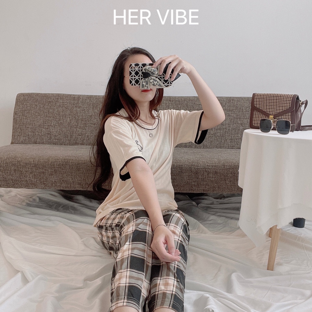 Bộ mặc nhà quần dài đồ ngủ nữ pijama chất cotton sọc siêu thấm hút hình dễ thương Her Vibe