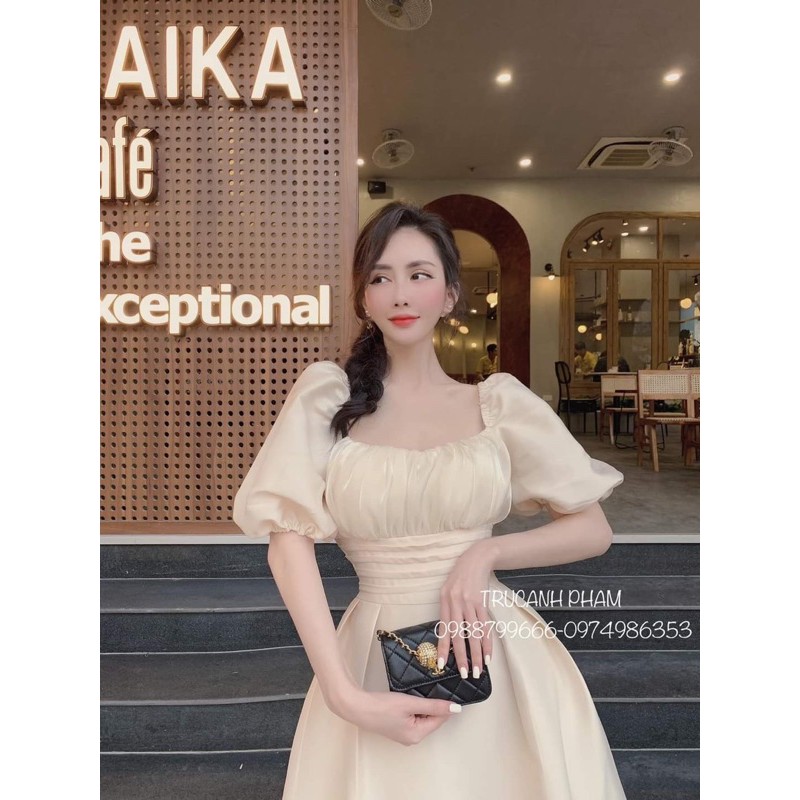 [ HÀNG CAO CẤP ]Đầm cổ vuông tay phồng xếp li eo thiết kế dự tiệc sang trọng | BigBuy360 - bigbuy360.vn