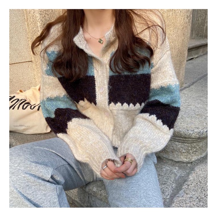 Áo khoác len Cardigan dáng rộng ngắn màu tương phản thời trang thu đông cho nữ