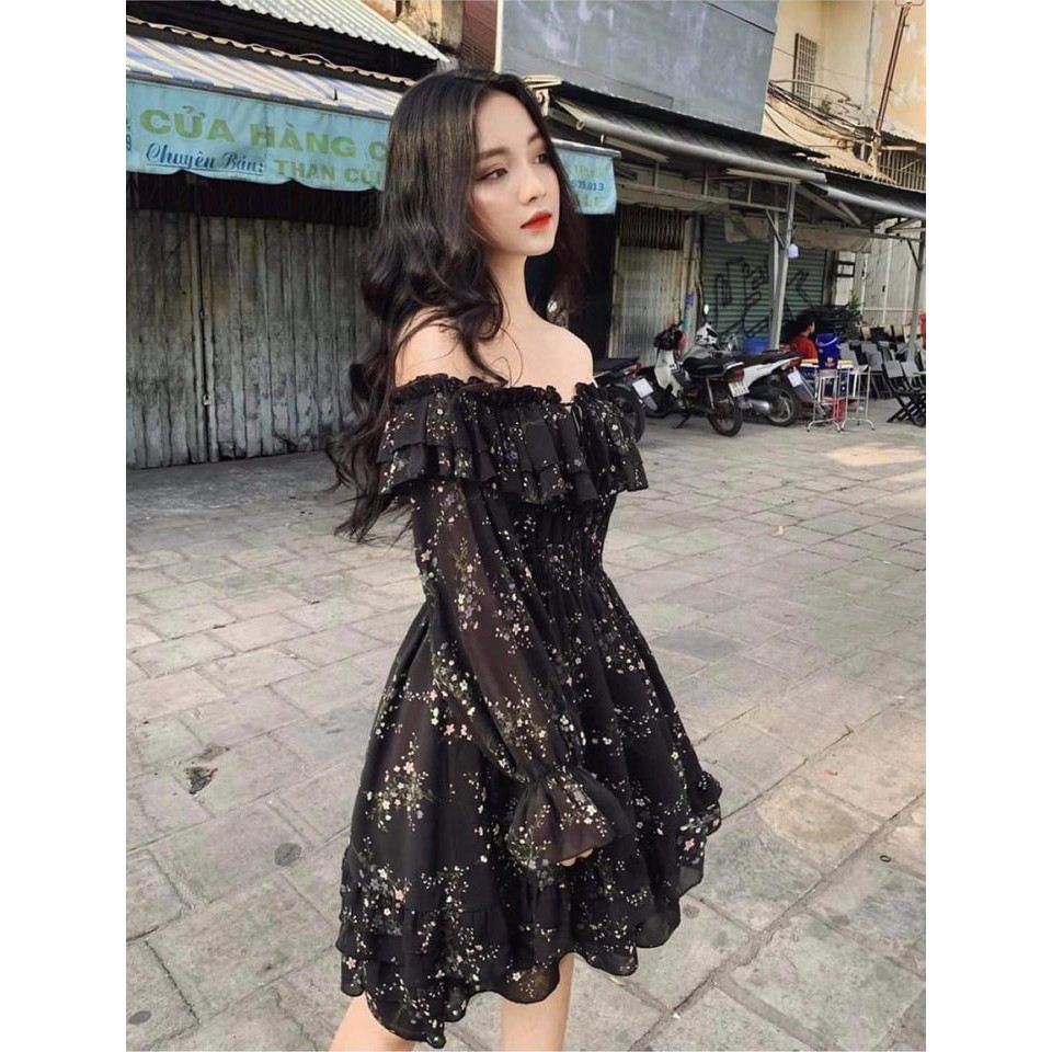 Váy trễ vai hoa nhí ullzzang 2 lớp - Váy công chúa trễ vai dài tay ullzzang ảnh thật - Xưởng May Hạnh Hồng 👗 *