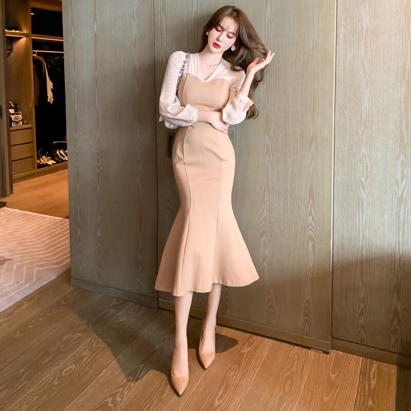 ZYHT Đầm Maxi Mảnh mai Cổ chữ V áo dài tay phong cách Hàn Quốc phong cách thanh lịch Đầm dây 4495