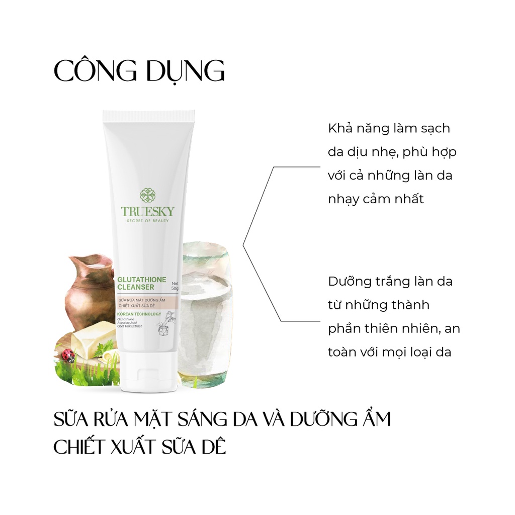 Combo dưỡng trắng và ngừa mụn da mặt Truesky gồm 1 gel rửa mặt rau má 50g +1 sữa rửa mặt sữa dê 50g