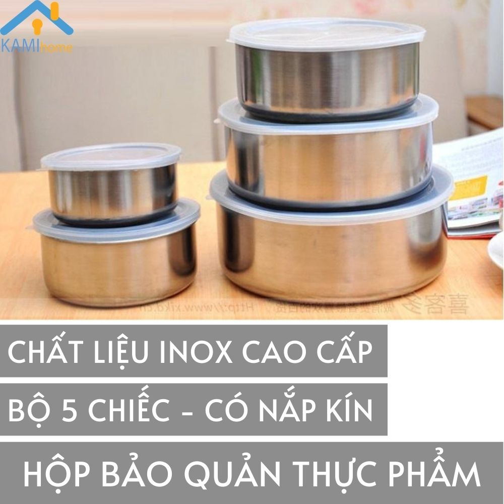 Bộ 5 hộp đựng thức ăn Inox hình tròn có nắp kín bảo quản thực phẩm trong tủ lạnh mã 20018