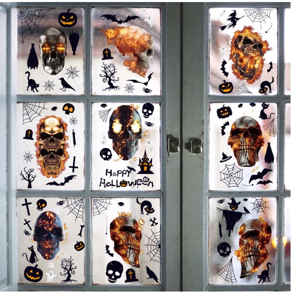 Decal trang trí Halloween hít tĩnh điện - Đầu lâu rực lửa