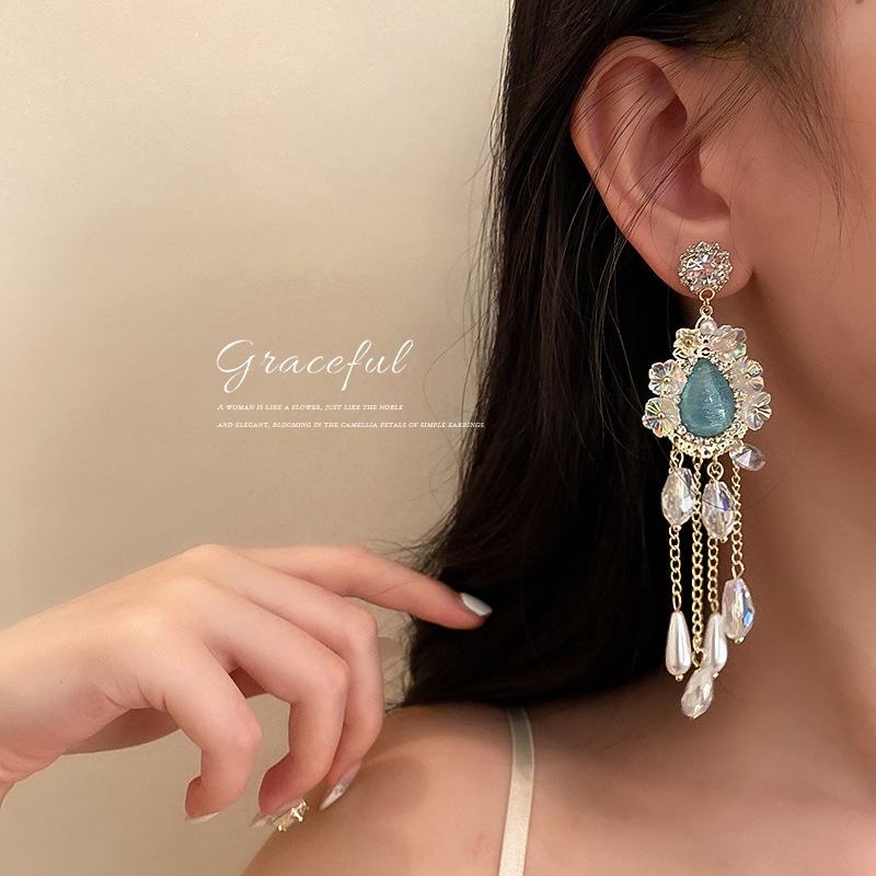 Bông tai mạ bạc 925 đính ngọc trai giả phối tua rua phong cách Âu Mỹ