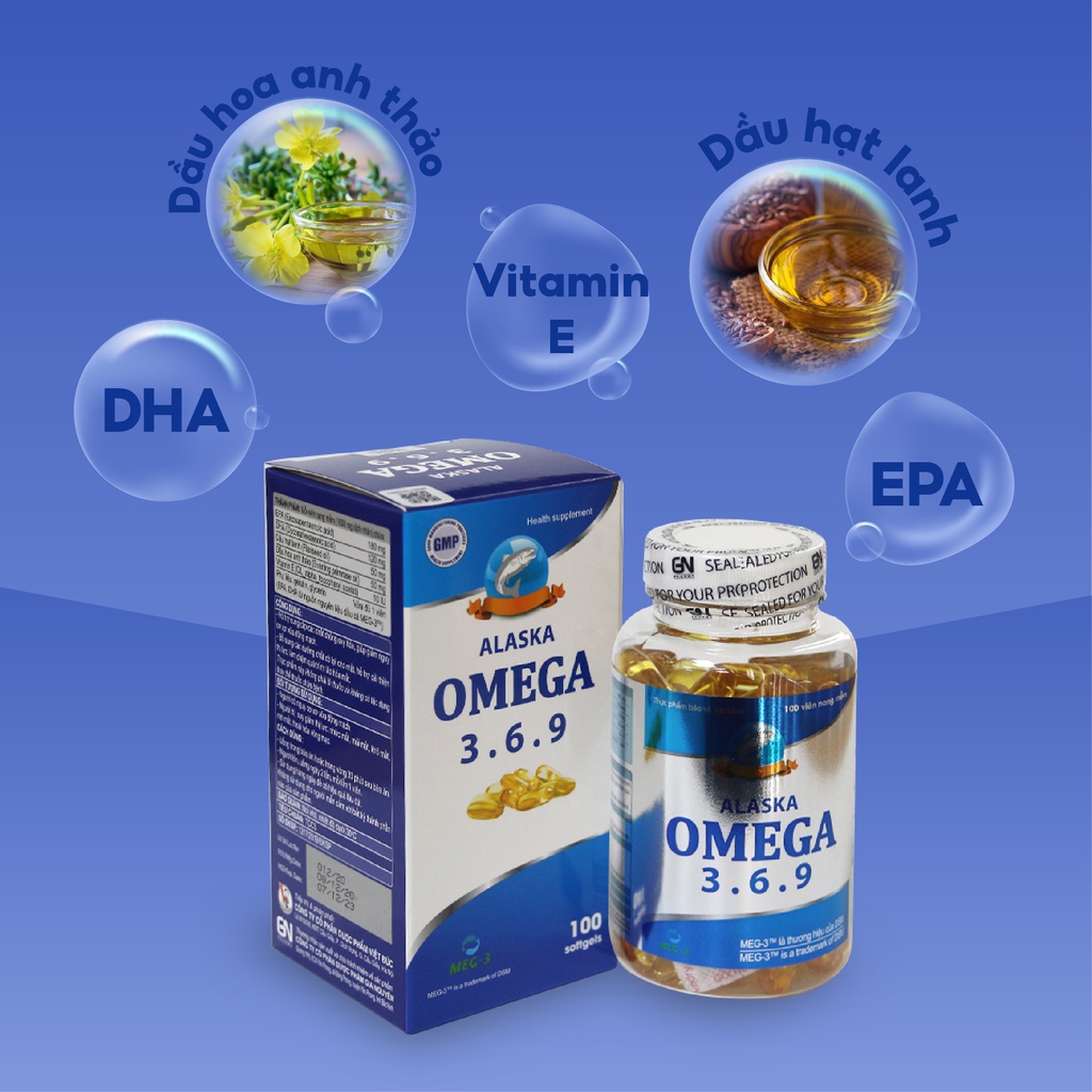 Dầu cá Omega 3.6.9, Alaska, cải thiện thể lực giảm nguy cơ xơ vữa động mạch và chống oxy hóa, lọ 100 viên