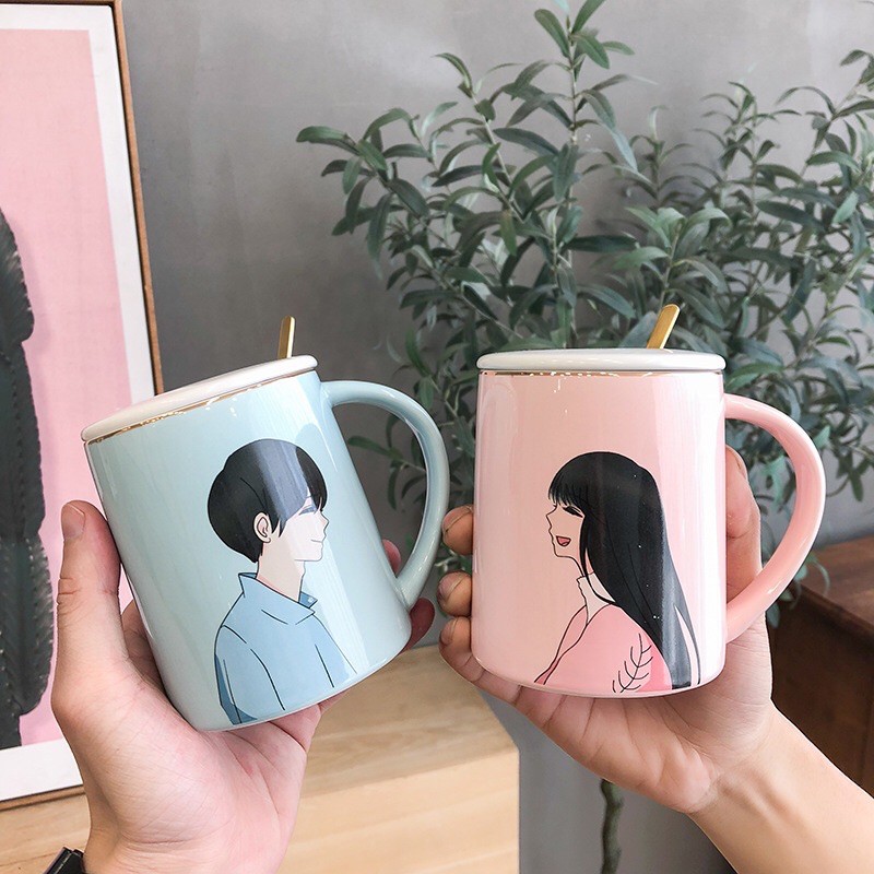 Ly Sứ Có Nắp Cặp Đôi Hoạt Hình Đáng Yêu