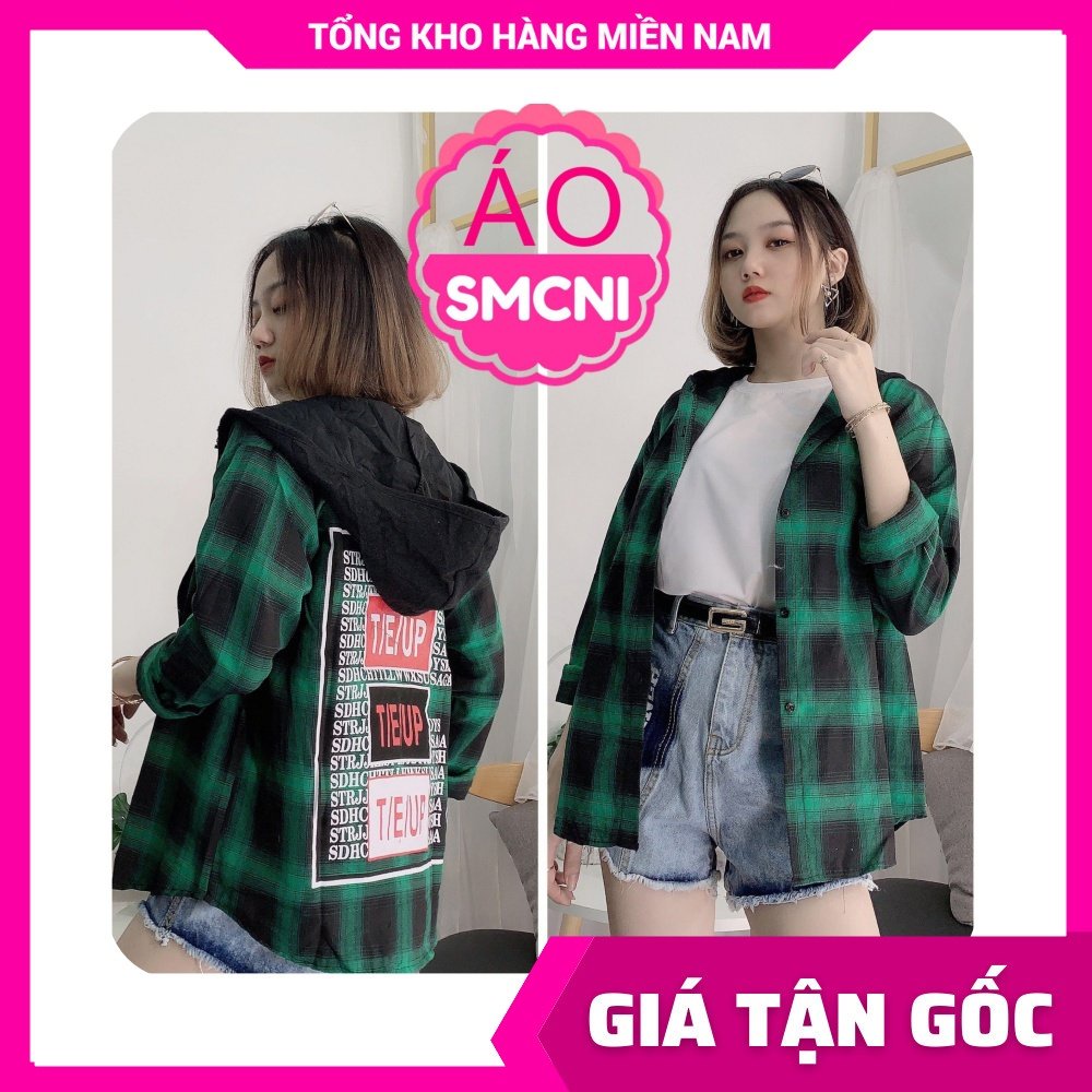 Áo sơ mi caro nữ phom to không nón có nón in chữ in họa tiết dễ thương Sơ mi khoác ngoài