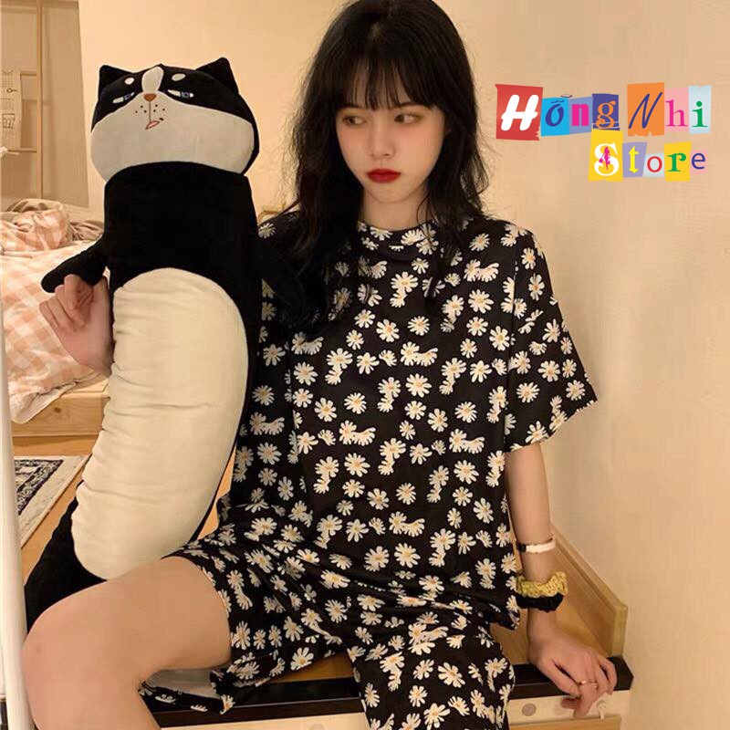 Bộ Thun Ngủ Hoạt Hình Tay Lỡ Kèm Túi Vải Phối Quần Short Oversize Ulzzang Dáng Rộng - MM