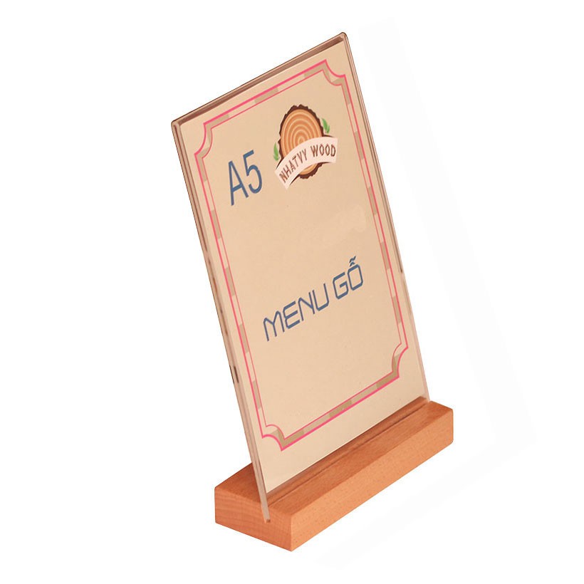 Menu để bàn quán cafe, standee để bàn nhà hàng, kệ menu mica để bàn đế gỗ A5-NV5102