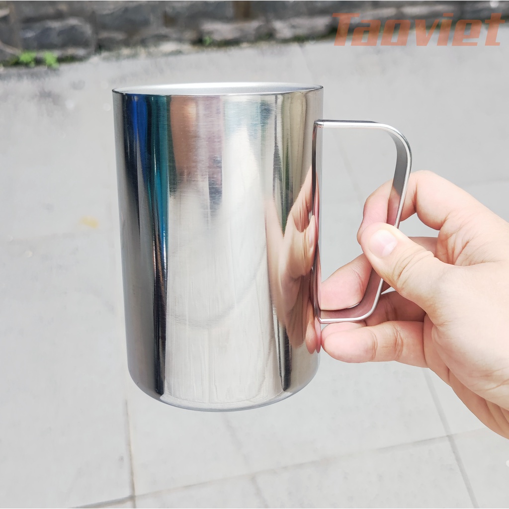 Ca Inox 304 cao cấp dung tích 500ml KHÔNG NẮP Ly Inox có quai hai lớp uống nước có quai dung tích lớn