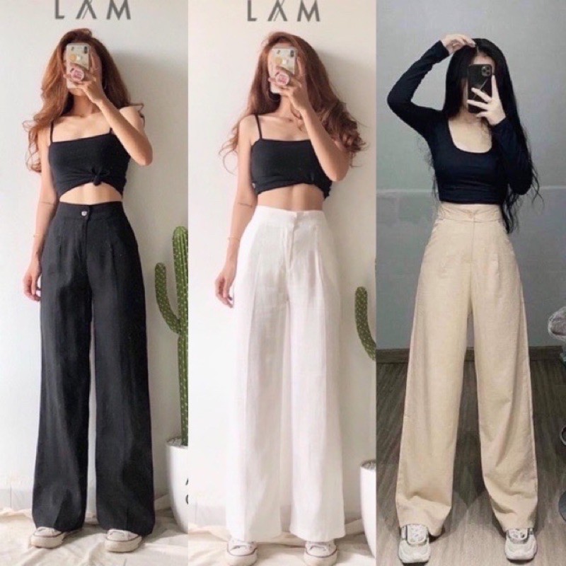 [Mã FAMARAL1 giảm 10K đơn 50K] Quần đũi ống rộng dáng dài khoá thật, quần cullotes ống rộng vải đũi xước