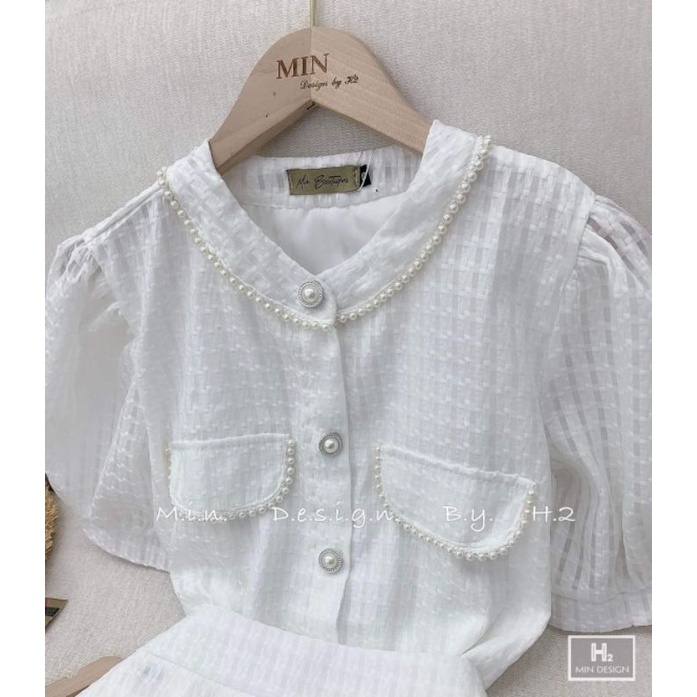 Sét áo cổ tàu đính ngọc + chân váy